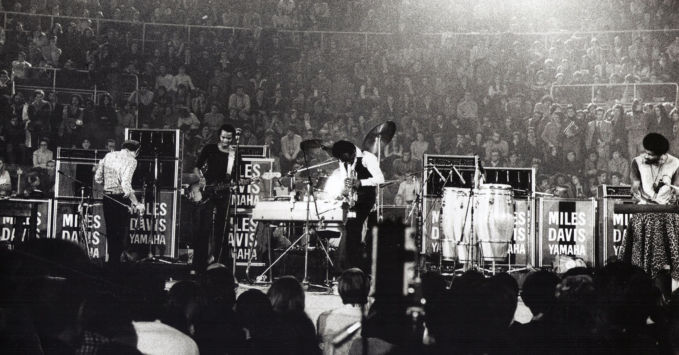 (left to right) Dave Liebman, Michael Henderson, Miles Davis, and Mtume, live in Barcelona. Photo courtesy of Michael Henderson.